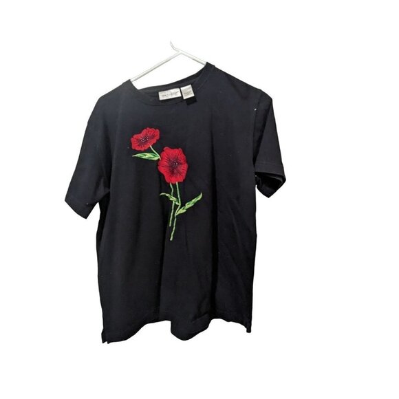 KIM ROGERS CASUAL KNIT TOP-Size PM SHORT SLEEVE- Black Red Poppy - Picture 3 of 7